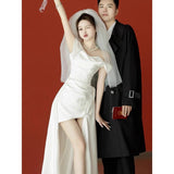 One-Word Shoulder Evening Dress Female Niche Light Luxury Banquet Temperament Graduate Adult Ceremony Certificate Registration Small White Dress Light Wedding Dress HZ0517