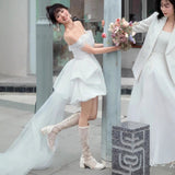 French Light Wedding Dress Bride High-End Feeld With The Density Certificate Registration Small White Dress A Word Shoulder Yarn Engagement Dress Woman HZ0517
