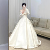 French One-Word Shoulder Light Wedding Dress Bride Long-Sleeved Vertine Temperament Go Out Yarn High-End Yarn Welcome Light Dress HZ0517