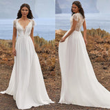 Wedding Dress Elegant Chiffon Beach Dress Lace Short-Sleeved A-Word Dress HZ0517