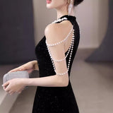 Black Evening Dress 2026 New Improved New Chinese T-Flag Hanging Neck Esque Banquet Host Dress HZ0517