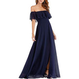 New One-Character Collar Solid-Colored Dress Sleeveless Long-Sleeved-Sided Chiffon Evening Dress Open Skirt HZ0517