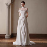 One-Word Shoulder-Sand-Sin-Faced Light Wedding Dress 2026 New Bridal French Go-Out White Tail Dress Dress Dress HZ0517