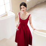 Red Vintage Bridal Engagement Evening Dress Banquet High-End Toasting Temperament Elegant Hepburn Style Simple Dress HZ0517