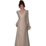 French Light Wedding Dress Simple Feel Lace White Lanky Long Sleeve Small Tail Sen Linen Korean Style Yarn Travel Shot HZ0517
