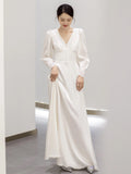 French Light Wedding Long-Sleeved V-Neck Simple Travel Shot White Thin Korean Bride Morning Pat Welcome Yarn Lace Dress HZ0517