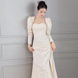 French Light Wedding Dress 2026 New Bridal Temperament Lint Retro Welcome Yarn Hanging Neck White Dress Long Sleeve HZ0517