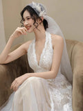 Bride Wedding Morning Robe Dinner Birthday Party Mori Super Fairy Lace Light Wedding Dress Hanging Neck Dress HZ0517
