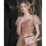 Golden Bubble Sleeve Dress Women's 2026 New Banquet Performance Chorus Stage Show Wedding Beauty Evening Dress HZ0517