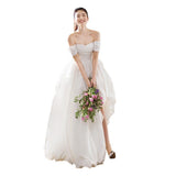 One-Word Shoulder-Peared Simple Wedding Dress Super Fairy Light Luxury Small Travel Light Wedding Dress Dress Dress HZ0517