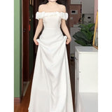 French One-Word Shoulder Niche Evening Dress White Dress Light Birthday Dress Temperament Light Wedding Dress HZ0517