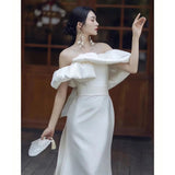 Travel Shooting With A Dilted Face Light Wedding Dress 2026 Spring New French Sexy Bareback Shoulder Temperament White Super Fairy Wedding Dress HZ0517