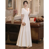 White Dress 2026 Summer Can Usually Wear The French Registration License Small White Dress Banquet Long V Collar Evening Dress HZ0517