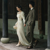 Korean Denoodle Light Wedding Dress White Simple Long Sleeve Yarn Bridal Temperament Fishtail Thin Evening Dress Woman HZ0517