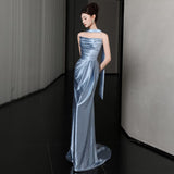 Blue Evening Dress New High-End Heavy Industry Annual Conference Host Art Piano Performance Birthday Banquet Long Temperament HZ0517