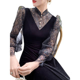 New Chinese Long-Collared Black Evening Dress Light Small Lace Hollow Long Sleeves Can Wear A Dress HZ0517