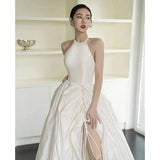 French-Style Seduced Light Wedding Dress Bride Simple Hanging Neck Dress Mori Travel To Shoot Super Fairy White Yarn Evening Dress HZ0517