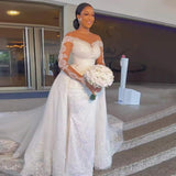New African Mermaid Removable Drag-Tailed Wedding Dress Long-Sleeved Skinny Net Retro Lace Bride Big Tail Wedding Dress HZ0517