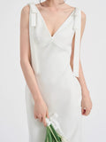 White Deep V-Neck Dress Dress High Waist-High Bow Long Shoulder Dress Engagement Dress HZ0517