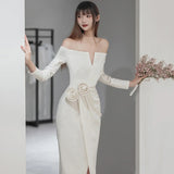 French Light Wedding Dress 2026 Spring New Bride Sexy Simple Door Yarn Shoulder-Singed Fishtail Dress HZ0517