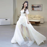 French One-Word Shoulder Light Wedding Dress Sen Series Simple Bride Small Drag Tail Show Wedding Wedding Wedding Dress HZ0517
