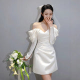 French One-Word Shoulder-To-Shoulder Wedding Bridal Engagement Long-Sleeved Certificate Registration Small White Skirt Elegant Short Dress HZ0517