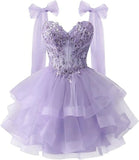 Layered Tulle Back To School Dress Sparkling Lace Decals Bow Strap Teen Short Prom Dress HZ0517