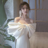 French Light Wedding Bridal Temperament Vertede Face Shoulder Bow Bows Fishtail Linen Tail Tugging Travel Dress HZ0517