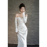 Long-Sleeved Vertiny Light Wedding Dress 2026 New Word-On Shoulder Simple Fishtail Yarn French Engagement Banquet Dress HZ0517