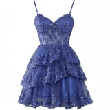 Fine Shoulder Strap Tulle Sling Evening Dress Party Ball Dress Short Lace Lace Dress High Sense HZ0517