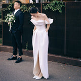 White Dingy Light Wedding Dress French Bride Simple Welcome Door Yarn Shoulder Sexy Open Fork Engagement Dress HZ0517