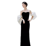 Black Toast Dress Bride Senior Famous Banquet Fishtail Engagement Skirt Temperament Host Breast-Wearing Evening Dress Woman HZ0517