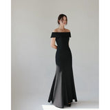 Light Wedding Dress Sen Family Travel Shooting Simple 2026 New Bride Wedding Super Fairy Shoulder Black Thin Fishtail Dress HZ0517