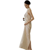 White Light Wedding Dress 2026 Banquet Temperament Elegant Improvement Cheongsam Lace Hanging Neck Dress Woman HZ0517
