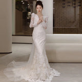 Summer Long-Sleeved Lace Light Wedding Dress 2026 New Bridal French Welcome Yarn Tug Fishtail Dress Dress HZ0517
