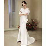 One-Word Shoulder Evening Dress Sexy Open White Art Exam Solo Performance Suit Waist Fishtail Small Tail Light Wedding Dress HZ0517