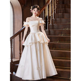 One-Word Shoulder-Singed Noodle Light Wedding Dress 2026 New Wedding Engagement Bow White Evening Dress Go Out Shading Ponpong Skirt HZ0517