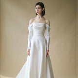 One-Word Shoulder Light Main Wedding Dress 2026 Winter Bridal French Sexy Spring White Long Sleeve Annual Tail Dress HZ0517