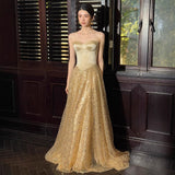 Golden Bra Squins High-End Evening Dress Engagement Light Luxury Wedding Yarn Banquet Host Niche Dress HZ0517
