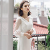 French Light Wedding Dress Super Fairy Simple White Vertiny Bride Go Out Yarn V Collar Long-Sleeved Fairy Party Daily Dress Woman HZ0517