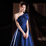 Blue Evening Dress Dress Light Luxury Small Minority Annual Meeting Host Banquet Dress Shoulder Art Exam Solo Performance Suit HZ0517