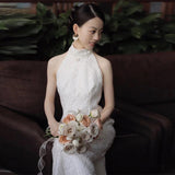 White Light Wedding Dress 2026 Banquet Temperament Elegant Improvement Cheongsam Lace Hanging Neck Dress Woman HZ0517
