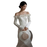 One-Word Shoulder-To-Shoulder Wedding Dress Simple Bride Long Sleeves Out Of The Yarn New Small-Sin-Faced Fishtail Welcome Dress Female HZ0517