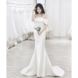 One-Word Shoulder Sexy Bare-Backed Stern Face Light Wedding Dress Simple Atmosphere Small Drag-Tailed Thin Fishtail Bride Wedding Evening Dress HZ0517