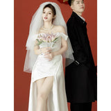 One-Word Shoulder Evening Dress Female Niche Light Luxury Banquet Temperament Graduate Adult Ceremony Certificate Registration Small White Dress Light Wedding Dress HZ0517