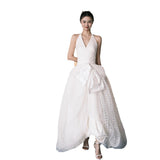 Light Wedding Dress Female Bride Wedding Hanging Neck Toast Suit 2026 New Elegant Dignified V-Neck Party Dinner Dress HZ0517