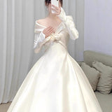 French One-Word Shoulder Light Wedding Dress Bride Long-Sleeved Vertine Temperament Go Out Yarn High-End Yarn Welcome Light Dress HZ0517