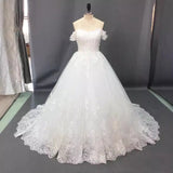 Lace Wedding Dress 2026 New Word Shoulder Main Wedding Dress Large Size Tail Dress Yarn HZ0517