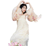 New Chinese Morning Dress Woman Sen Line Super Fairy Three-Dimensional Flower Net Foam Sleeve Corset Corset Party Evening Dress Winter HZ0517