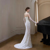 French Lace Light Wedding Dress With Thin Bridal Yarn Temperament Small Tail Light Luxury White Fishtail Dress HZ0517